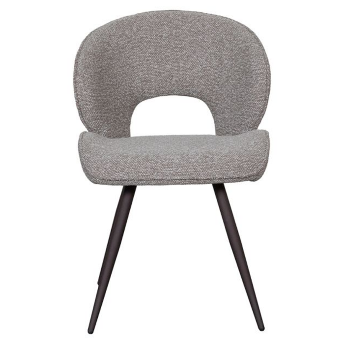 Vooraanzicht eetkamerstoel Sakura van LABEL51 in Mushroom Royal Boucle met brons metalen onderstel bij Seinen Nieuwleusen